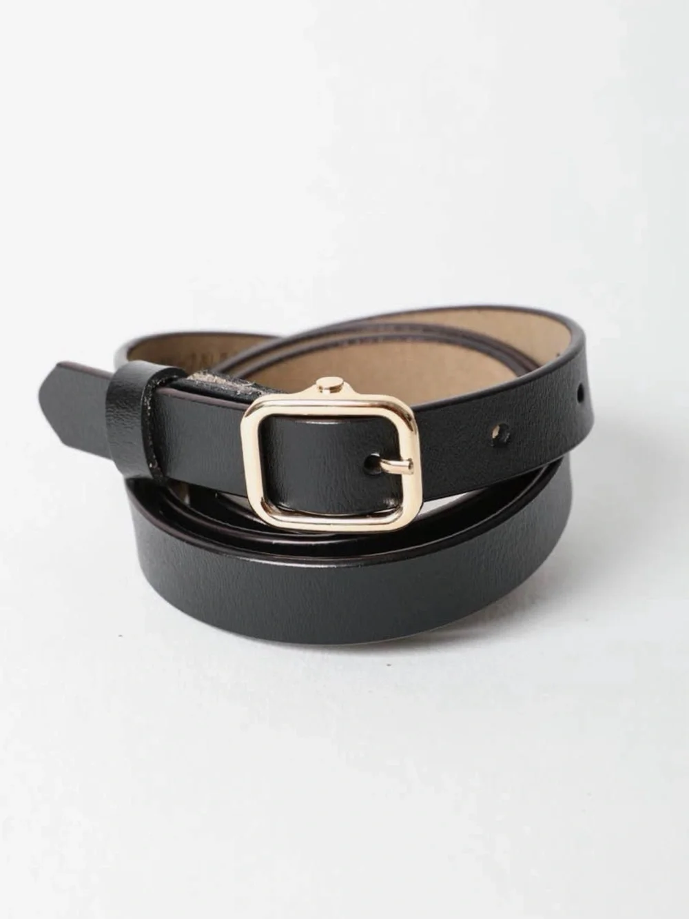 Classic Black Leather Waist Skinny Belt with Gold Buckle